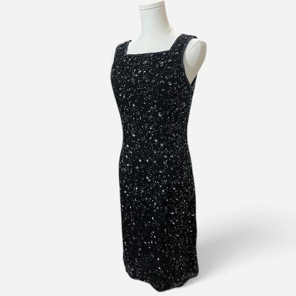 VTG 90s Phoebe Black & Gunmetal Silk Floral Beaded Sparkly Sequin Mini Dress 2 - Picture 3 of 8